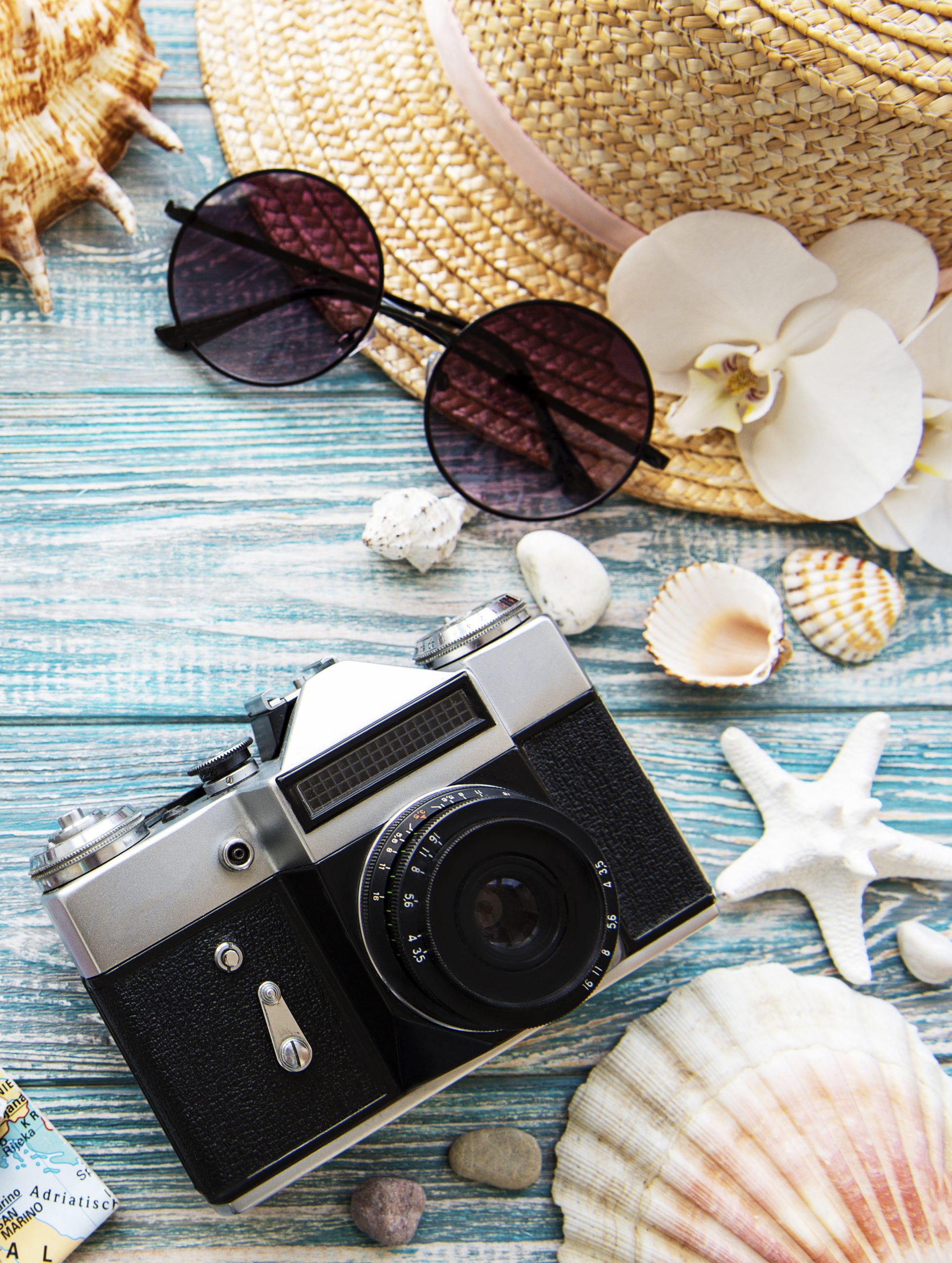 Summer travel concept. Old film camera, hat, shell and palm leaves on blue wooden background.