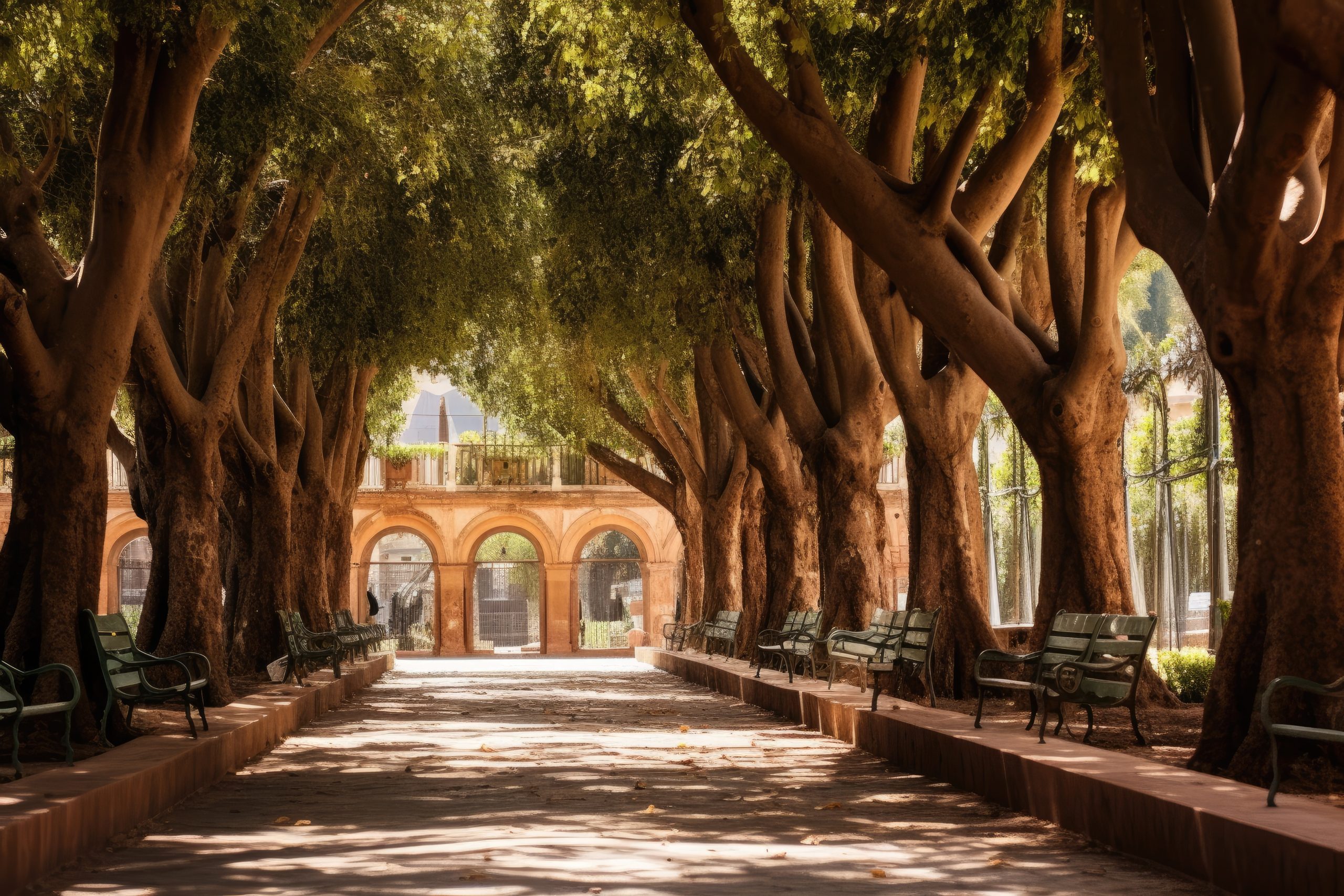 Alcazar, Seville, Andalusia, Spain, Gardens and trees in the urban parks of Marrakech, Morocco, AI Generated